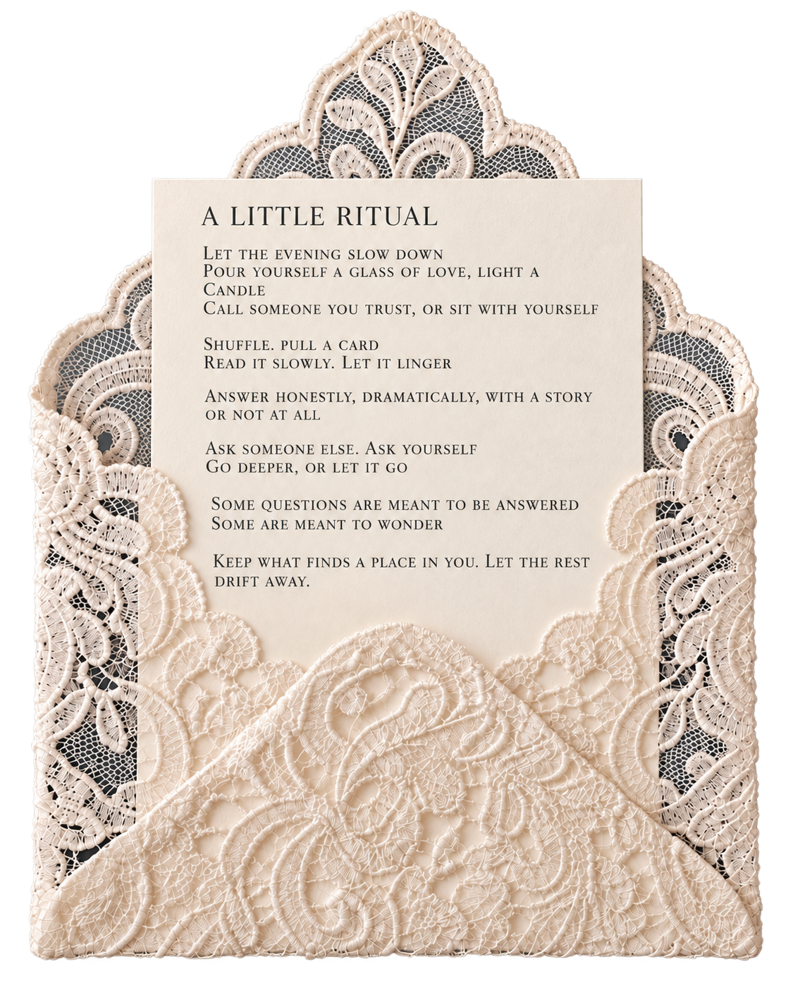 Lace envelope holding the Little Ritual guide